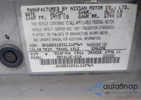 2001 Nissan Sentra Se z USA, uszkodzony, nr VIN 3N1BB51D51L112964